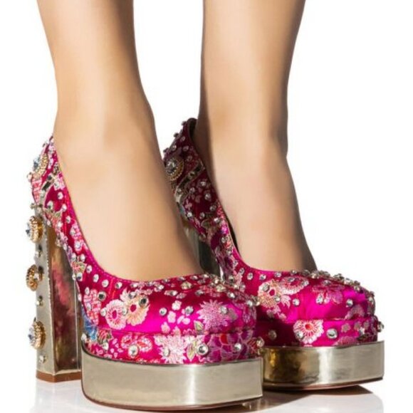 AZALEA WANG " EMBELISHED GEM JEWEL " SATIN PUMP IN PINK (BRAND NEW!) - Picture 1 of 7